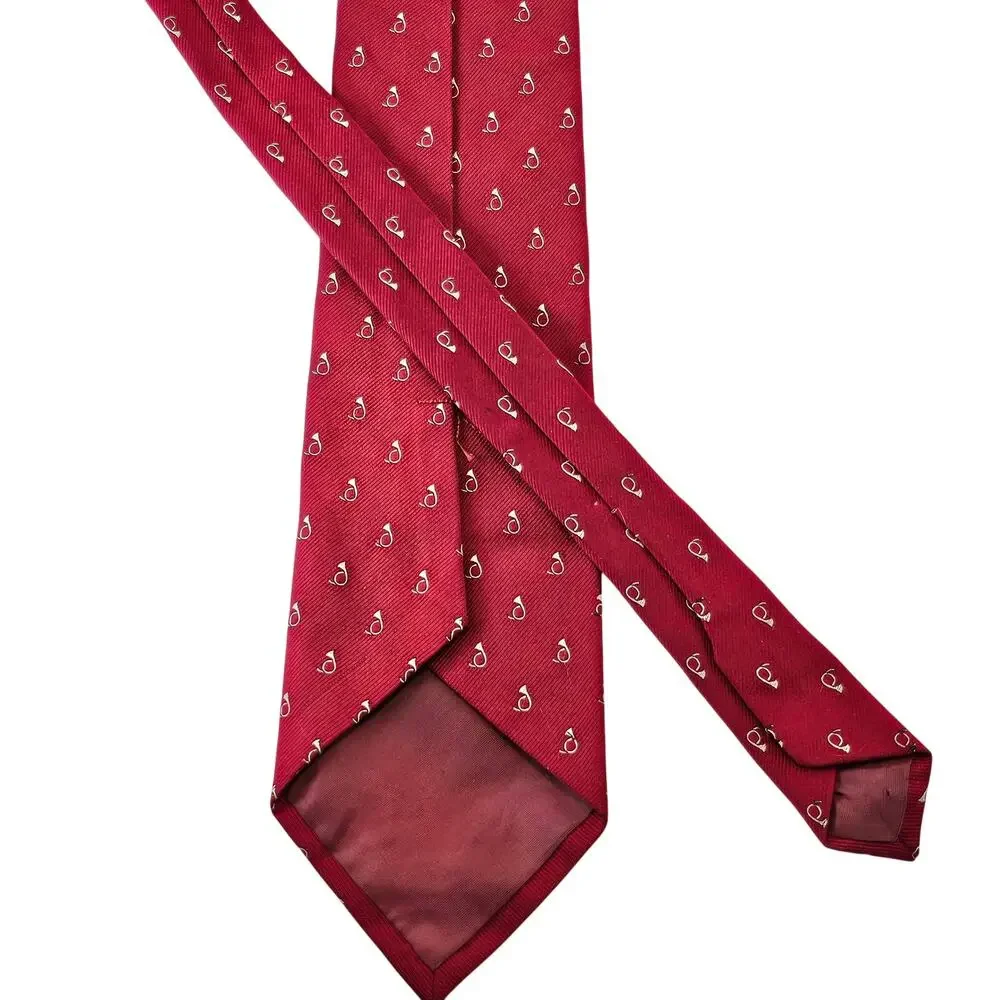 Mens Red Silk Necktie White French Horn Micro Pattern Classic Tie 58” 3.75”